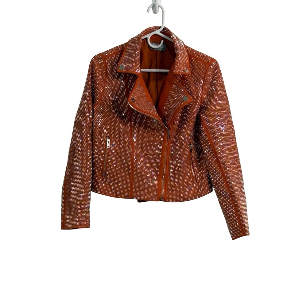 Blue B. Collection Studded Moto Jacket Women's Small Burnt Orange Embellished